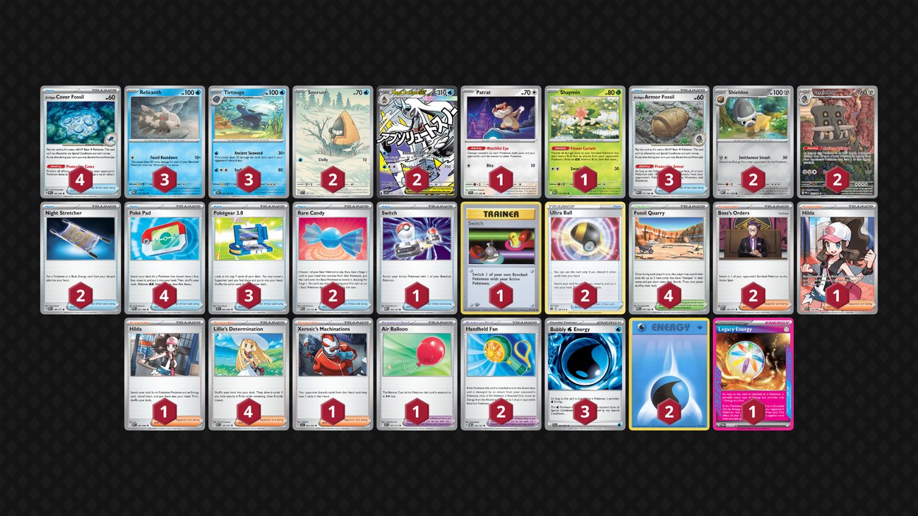 The full 60-card decklist for Jack&rsquo;s Fossil / Tirtouga / Relicanth / Mega Froslass deck, laid out card by card