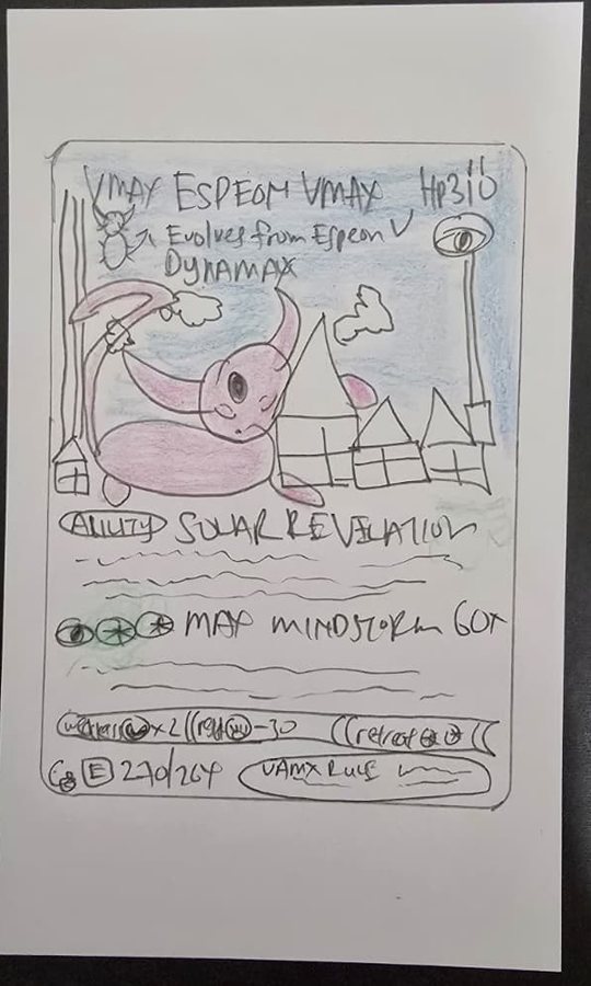 A hand-drawn, colour-pencil Espeon VMAX card on white paper