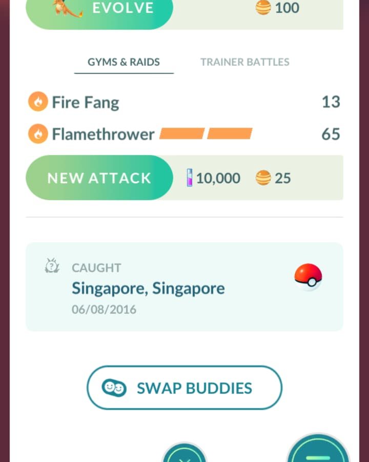Pokémon GO screenshot showing the Pokémon was caught in Singapore on 06/08/2016