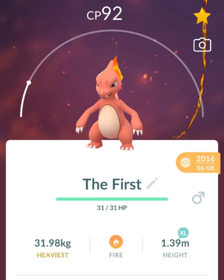 Pokémon GO screenshot of a Pokémon nicknamed The First, with a 2016 caught badge