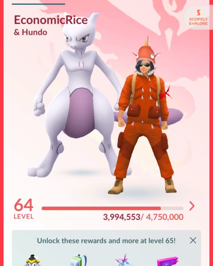 Pokémon GO trainer screen at Level 64 with the buddy Pokémon standing next to the trainer
