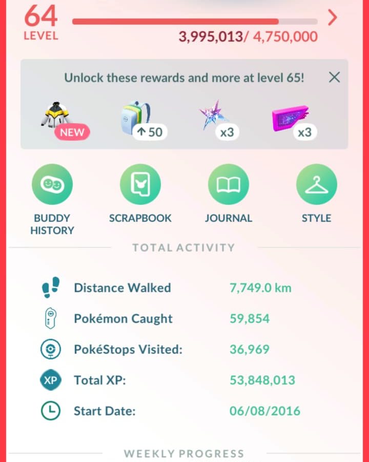 Pokémon GO trainer profile showing Level 64, total activity, and a start date of 06/08/2016