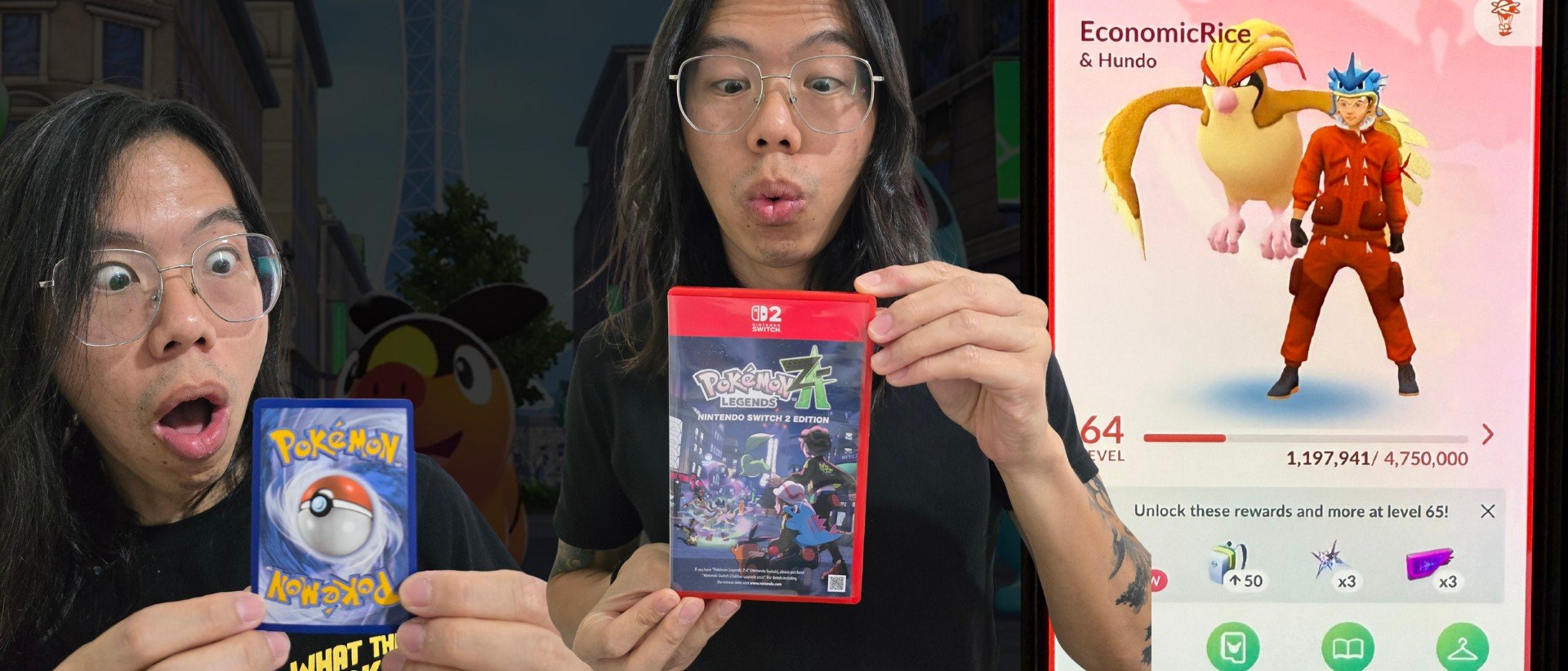 Jack and a friend holding up a Pokémon TCG card and a Pokémon Legends Z-A Switch 2 case, next to a screenshot of his Level 64 Pokémon GO profile