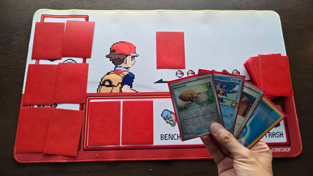 Six face-down Prize cards laid out in two columns on the Prize area of the playmat
